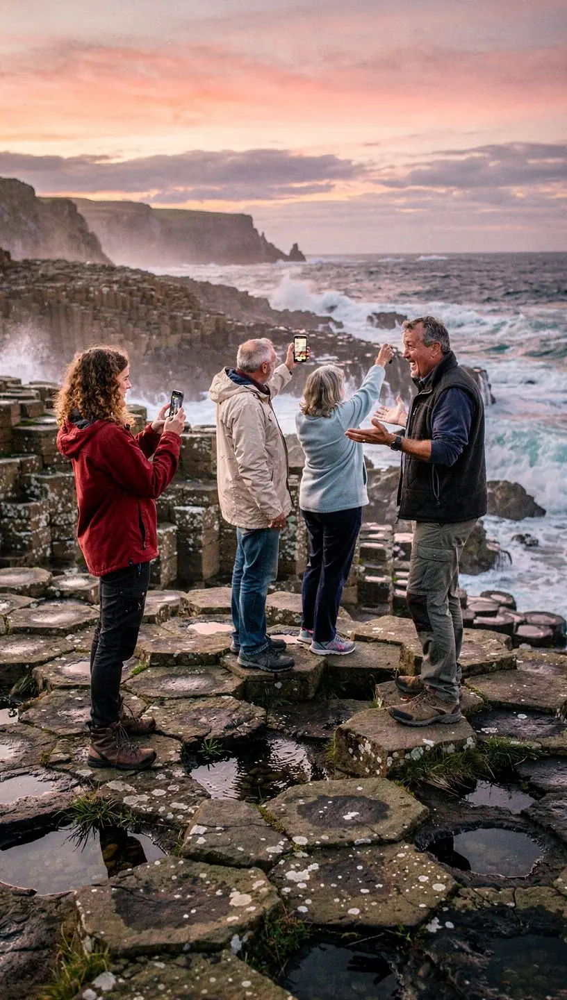 Travelers enjoying nature, disconnecting from technology.